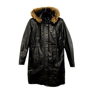 New Decrum Black Real Leather Long Coat W/ Faux Fur Hood Size Large